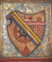 Fantasiewappen. Kolorierter Moltofill-Schnitt von Wilhelm Zahlheimer